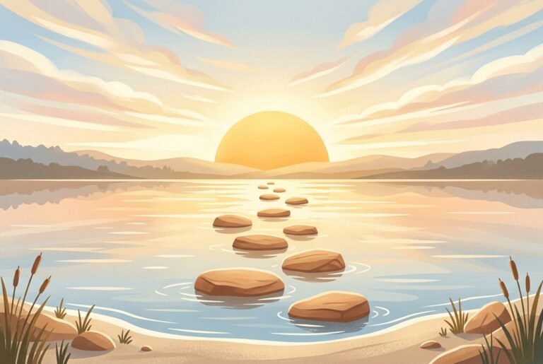 Small stepping stones crossing calm water toward sunrise, representing small wins and progress