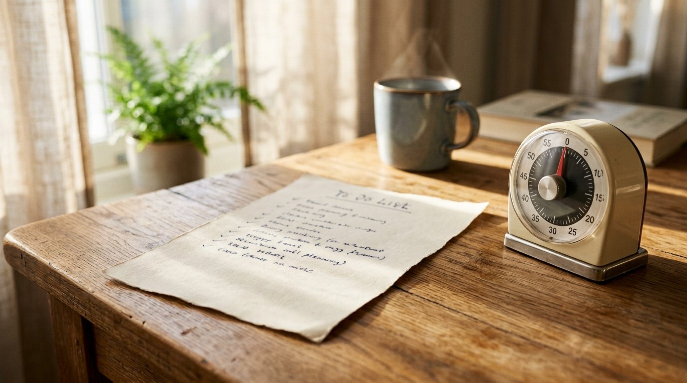 Handwritten list and timer on wooden desk in morning light — ADHD coping strategies visual metaphor