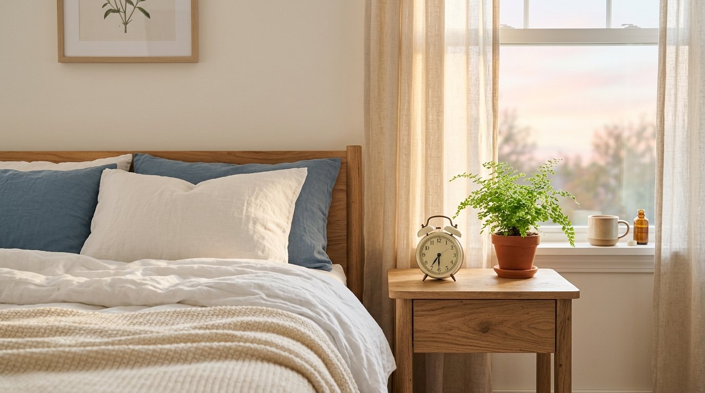 Calm bedside scene representing a consistent sleep schedule