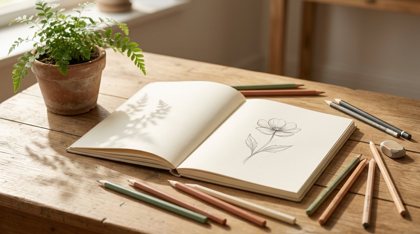 Sketchbook and colored pencils on a sunlit desk, symbolizing a five-minute creative habit for mental health