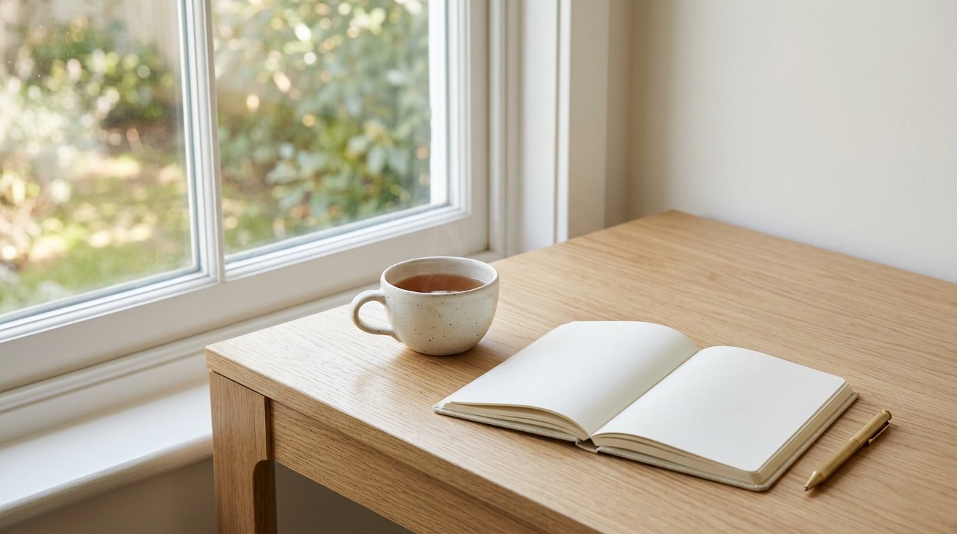 Minimalist wellness still life: a single ceramic tea cup and an open notebook on a calm desk by a bright window, symbolizing fewer choices and a clear mind