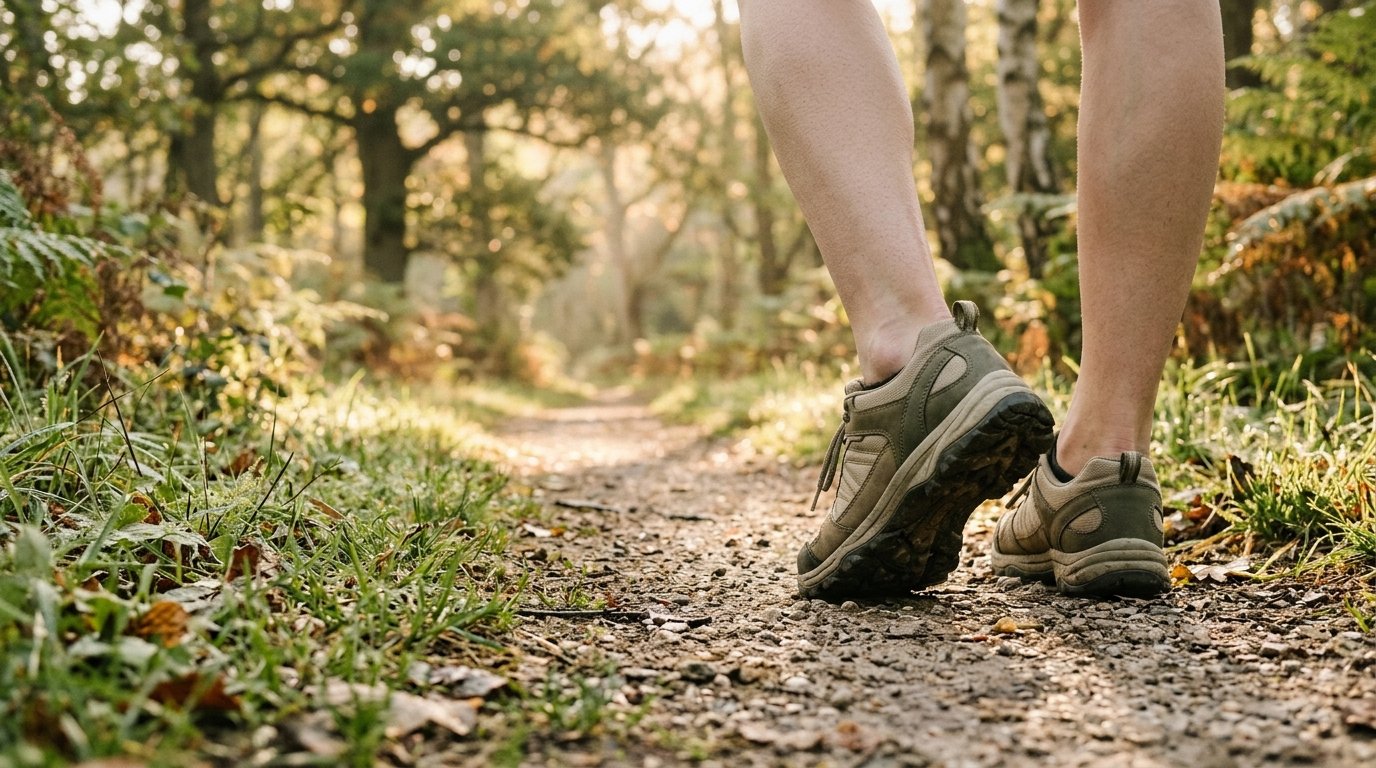 Person walking on a sunlit woodland path at dawn, representing the mood-lifting power of exercise for mental health