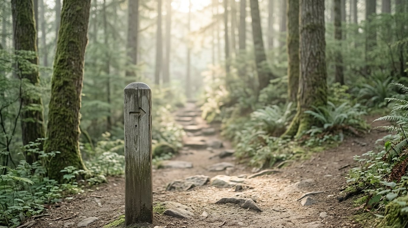 A quiet forest path toward morning light, a metaphor for steady goal setting