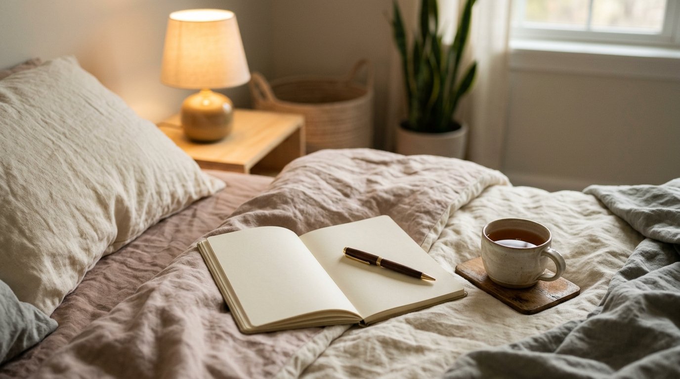Person writing three things in a gratitude journal in bed at night under warm lamp light, calm minimalist wellness scene