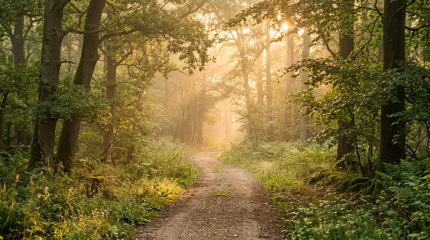 Golden sunrise light through a peaceful forest onto a winding path