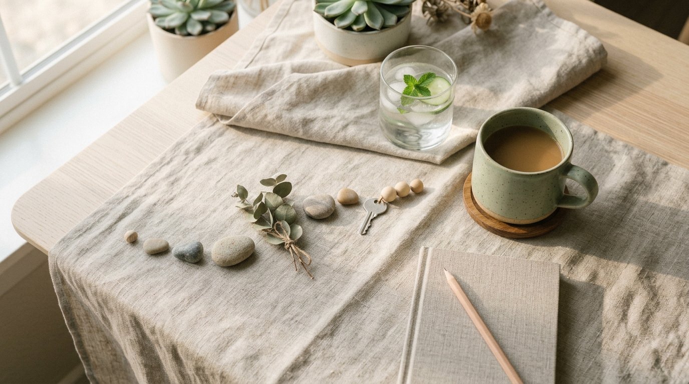 Habit stacking flat-lay: coffee mug, notebook, water glass and linen cloth in soft morning light
