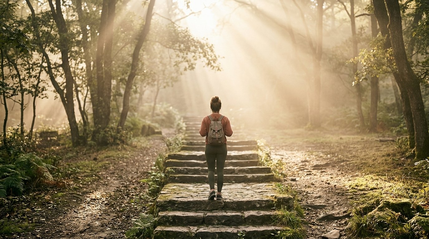 A lone person standing at the base of a sunlit stone staircase rising through morning mist, symbolizing confidence built step by step