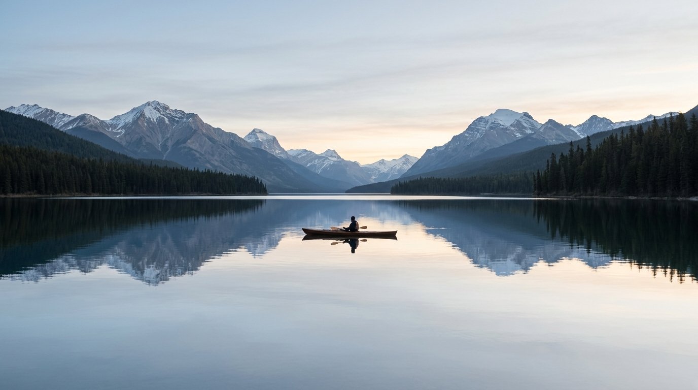 Still mountain lake at dawn symbolizing focus and calm attention