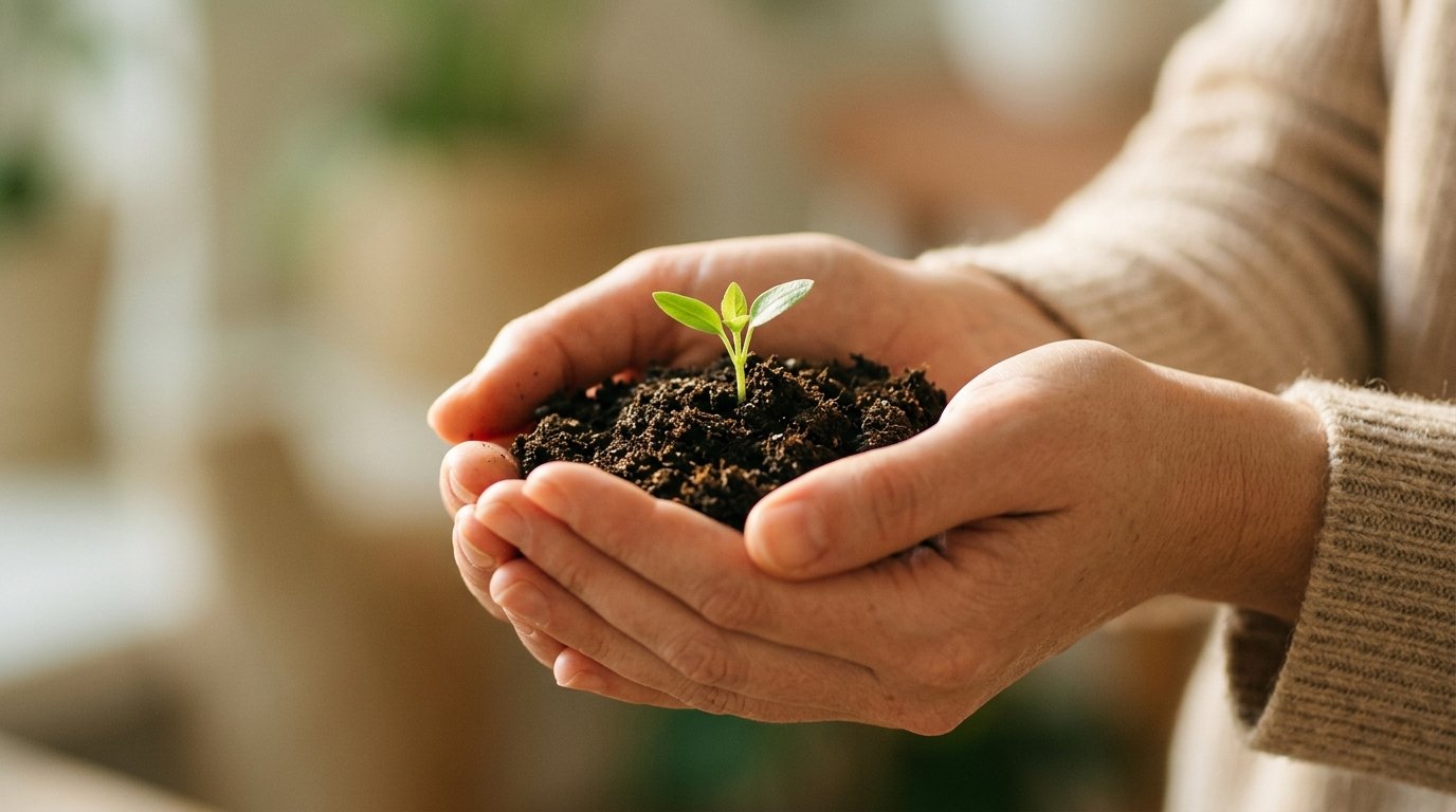 Cupped hands gently holding a small green sprout in soft soil, symbolizing self-compassion