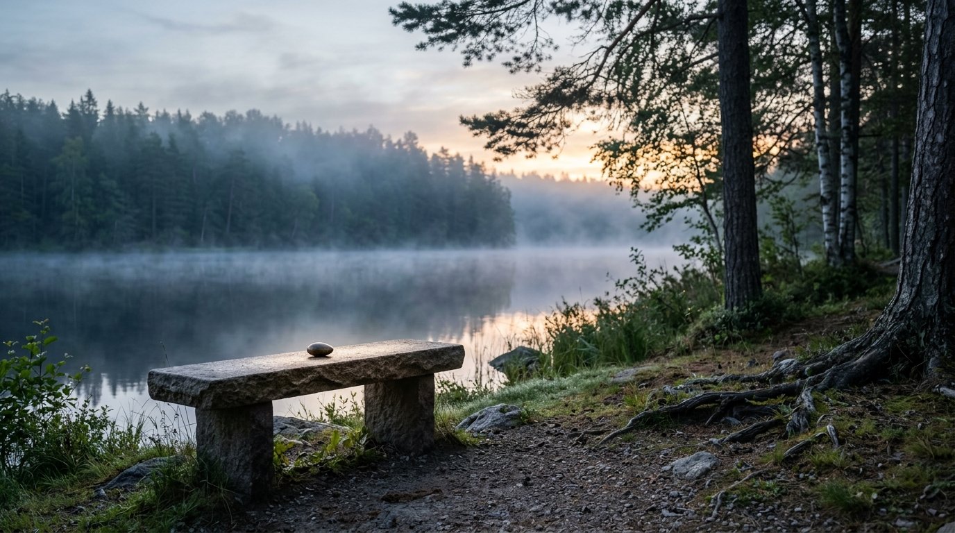 Calm stone bench beside a still lake at dawn, representing how to stop negative self-talk and quiet the inner critic