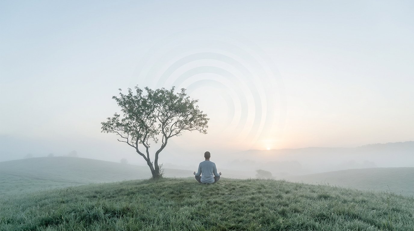 A lone figure sitting calmly under a single tree on a misty hill, representing how to stop ruminating