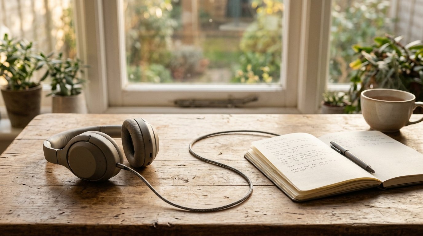 A pair of over-ear headphones resting on a wooden table beside an open notebook in soft golden morning light, symbolizing music as a calm path to stress relief