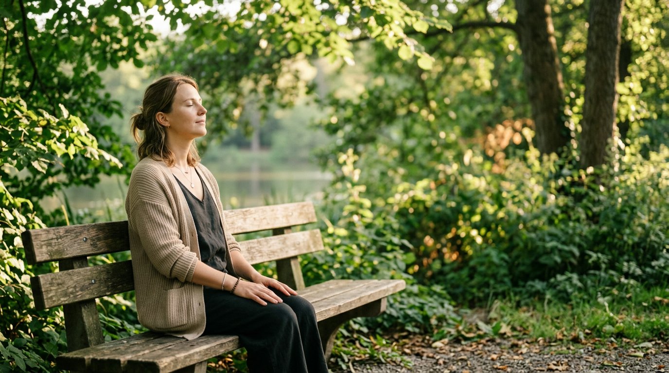 Person resting on a park bench in soft sunlight surrounded by green leaves and dappled light
