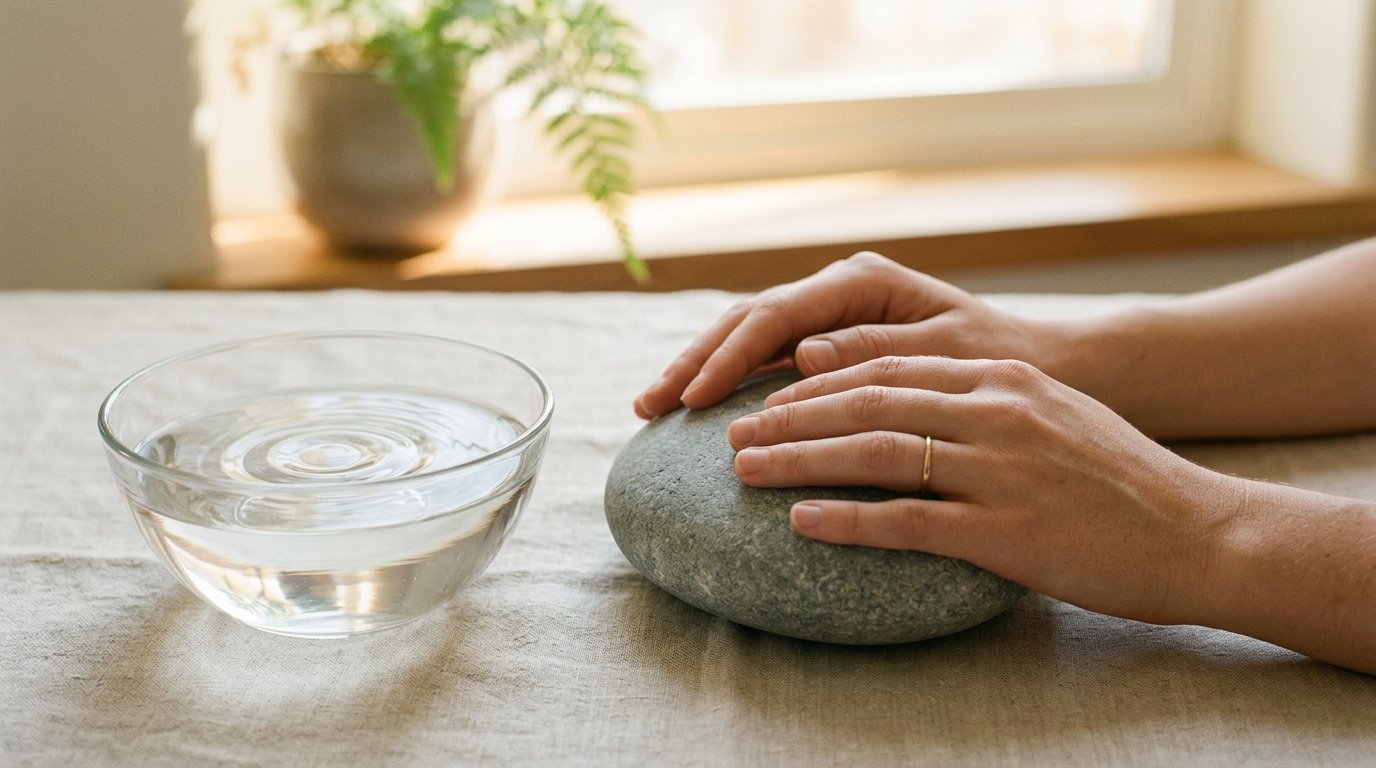 Hands resting on a cool stone beside a small bowl of water, symbolizing a calm nervous system reset and grounding