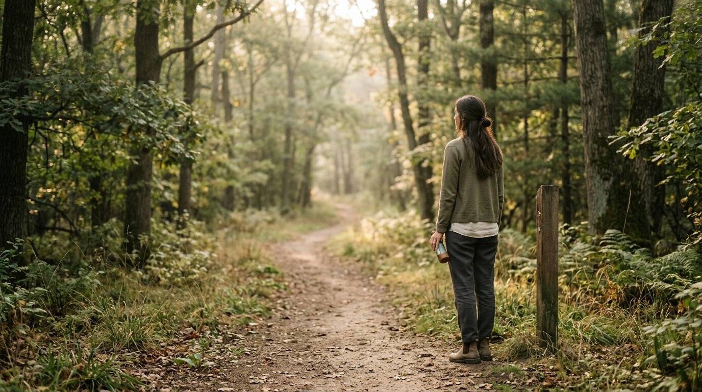 Person pausing at the start of a calm footpath in soft morning light, metaphor for overcoming procrastination