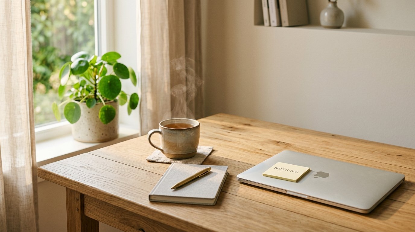 Productive without burnout, calm desk with tea and notebook