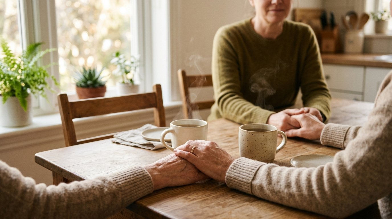 Two people reaching across a wooden table with warm tea, human connection
