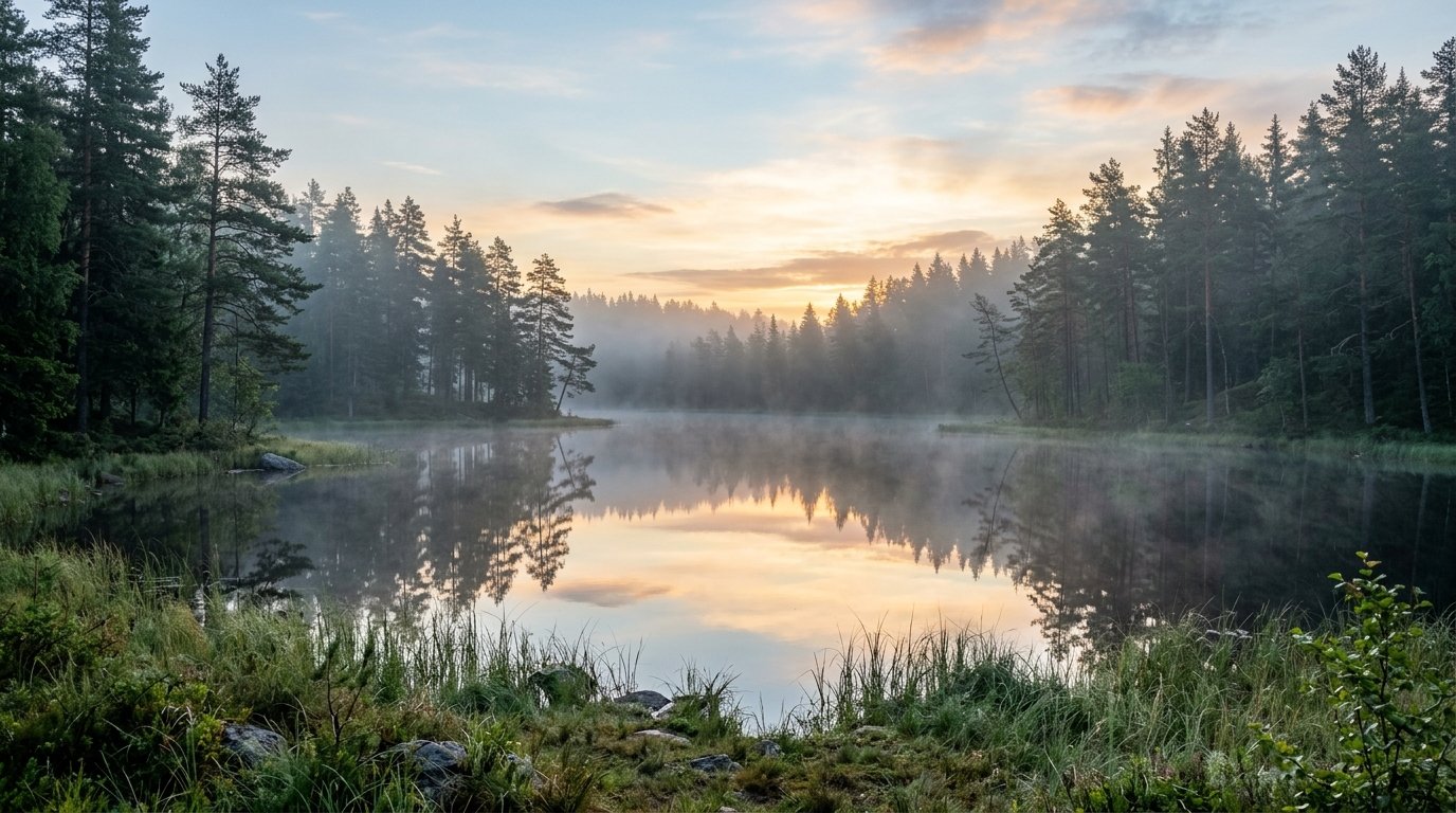 Misty pine forest clearing at dawn, nervous system rest