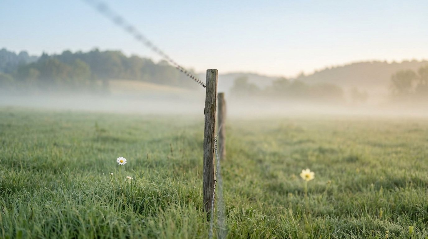 Calm minimalist illustration of a gentle boundary line through a meadow, representing how to set healthy boundaries without guilt