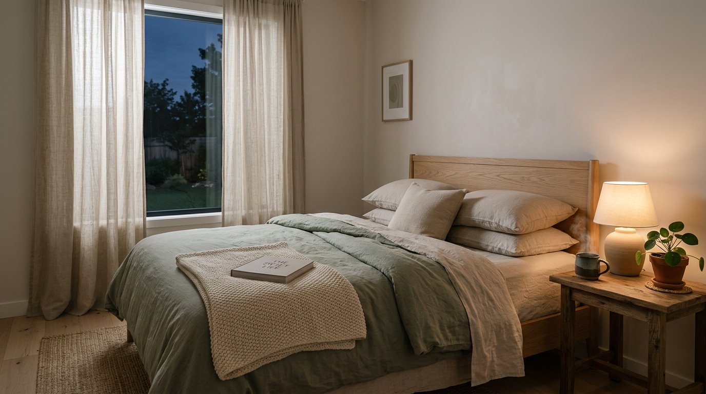 Cozy calm bedroom at dusk for better sleep hygiene, cool and dark with herbal tea on the nightstand