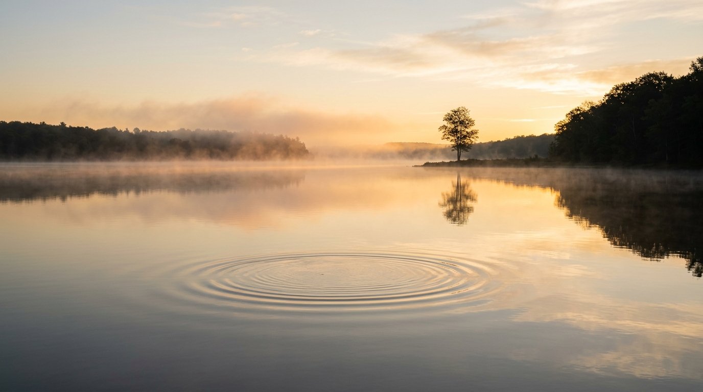 Calm lake at sunrise with a slow ripple, a metaphor for managing stress with breathing