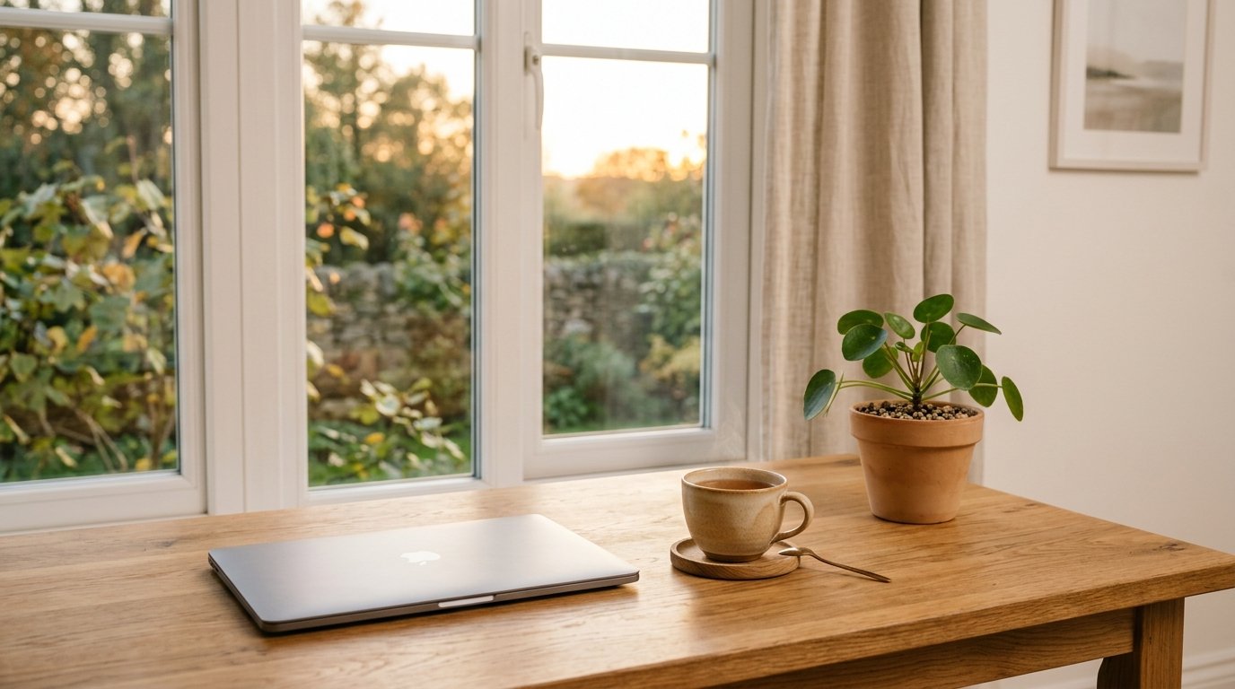 Work-life balance: a calm desk by a window at golden hour marking the boundary between work and rest