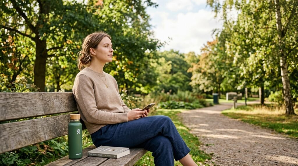 A person leaving their phone aside on a park bench during a gentle digital detox