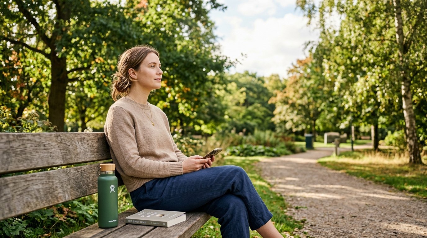 A person leaving their phone aside on a park bench during a gentle digital detox