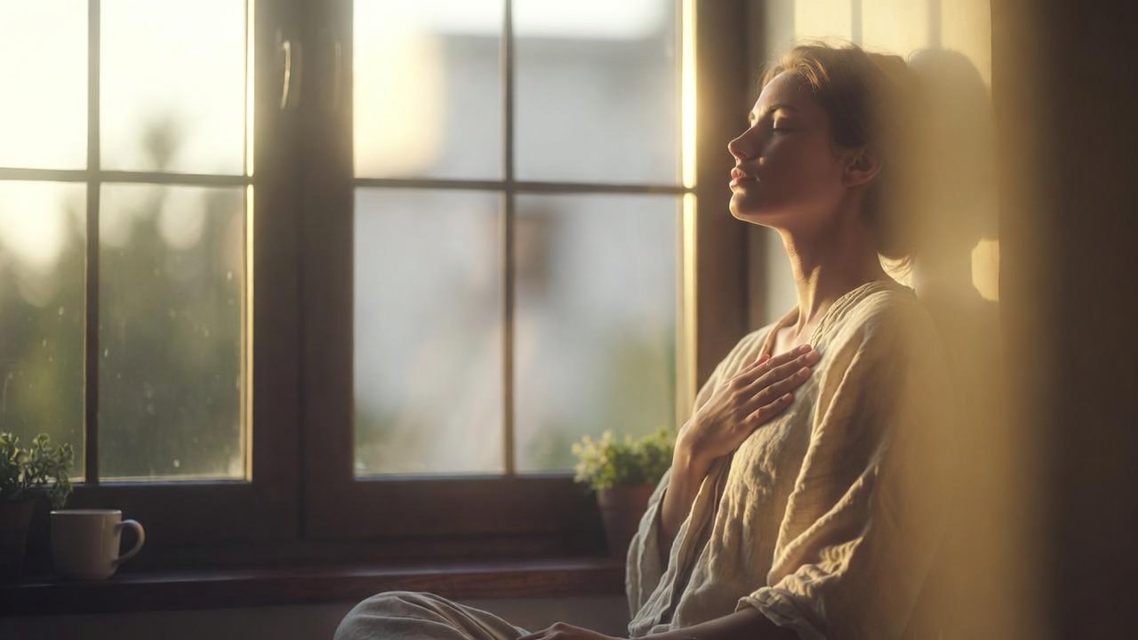 A person taking a slow breath to reset anxiety, seated calmly by a window at golden hour