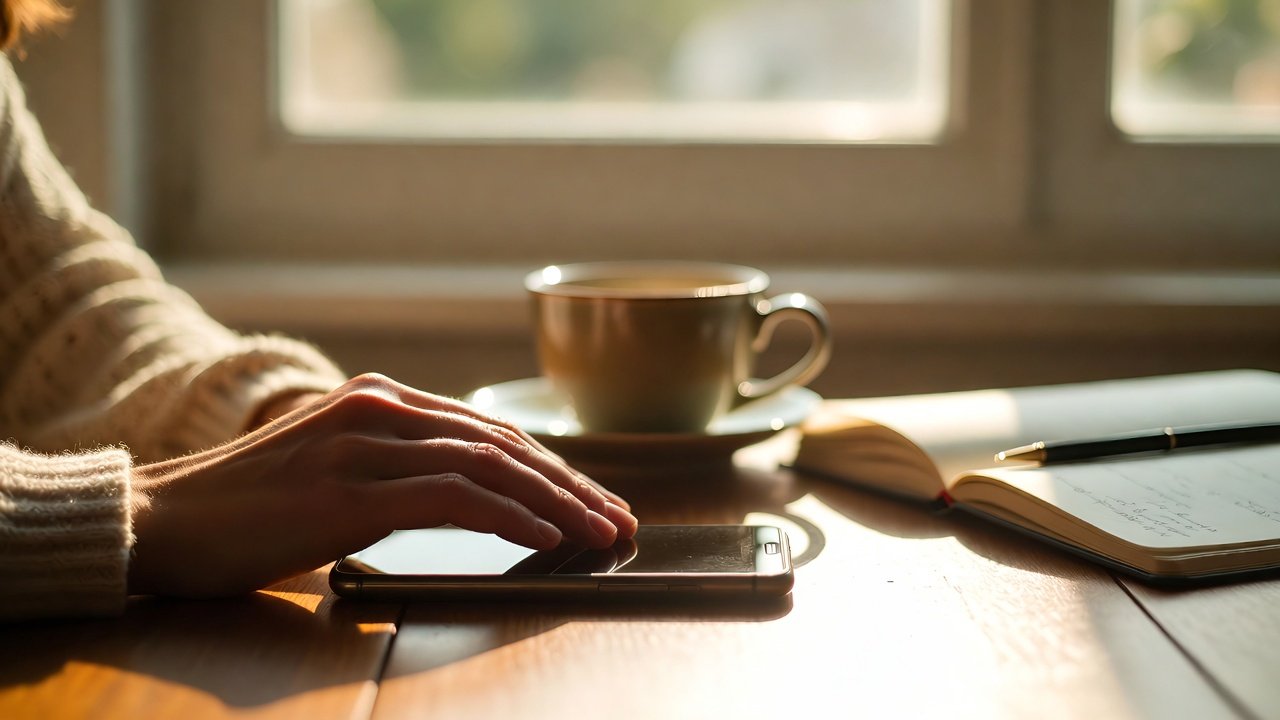 Digital detox: setting a phone face-down beside tea and a notebook in calm morning light