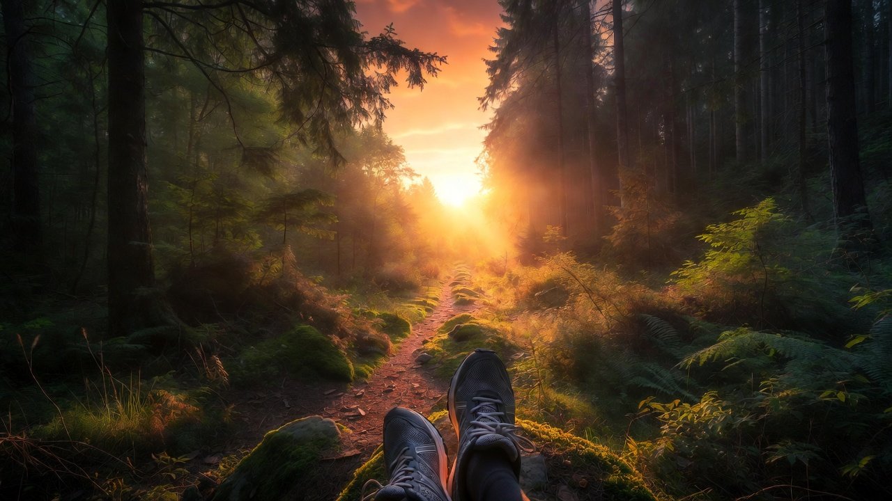 Sunlit forest running trail with worn running shoes resting on a mossy rock