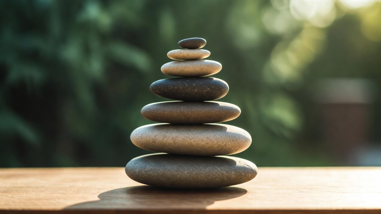 A balanced stack of smooth river stones on a wooden surface in soft morning light, a metaphor for building habits one small step at a time.