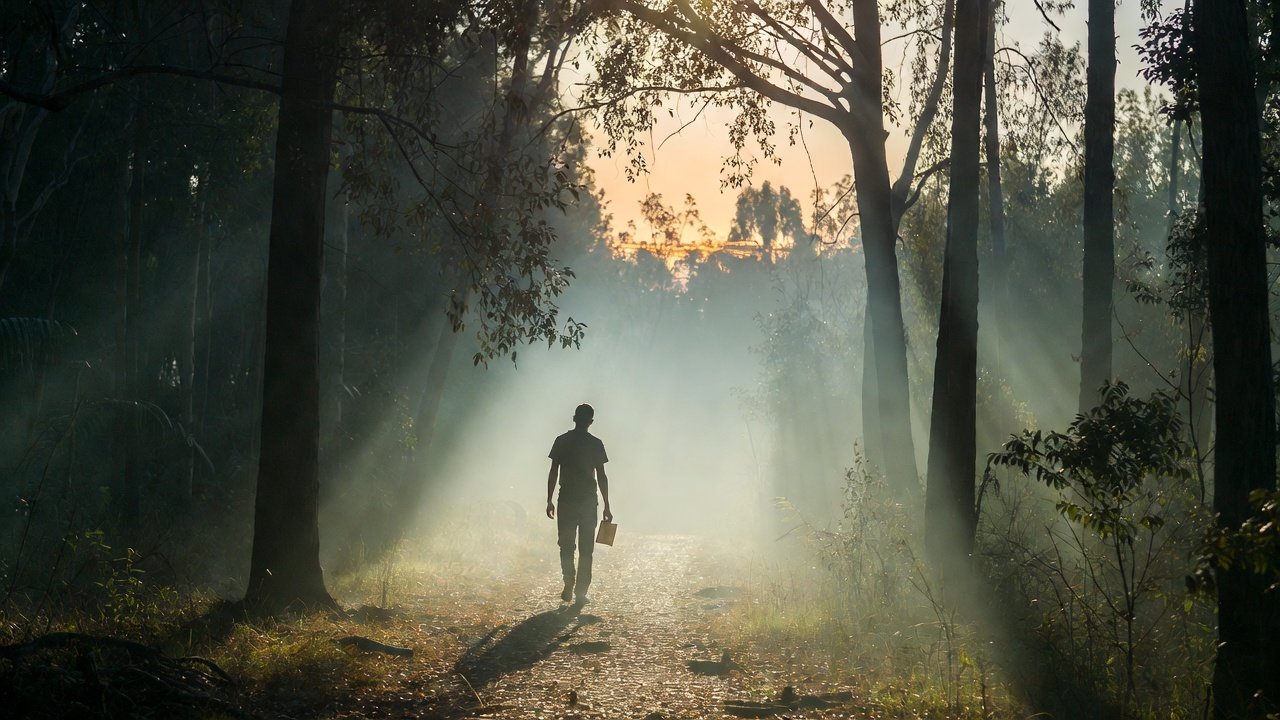 A person walking a misty forest path at dawn with a notebook, symbolizing creative thinking and a wandering mind