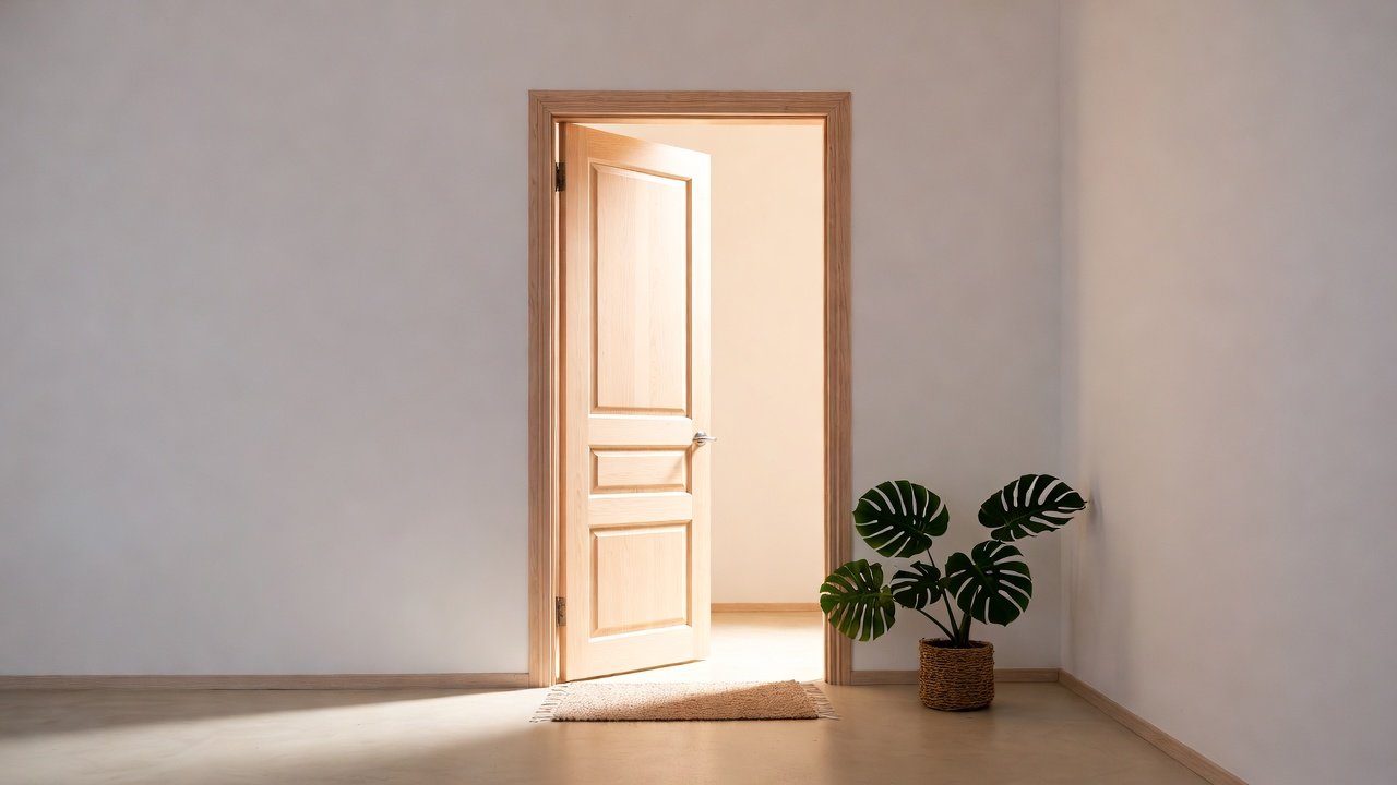 A calm, sunlit scene of a single wooden door standing ajar in a minimalist white interior with a potted plant, representing healthy boundaries and personal space