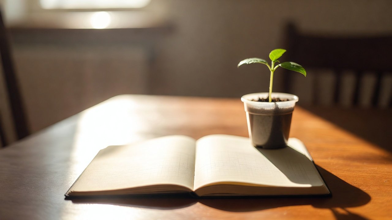 Open notebook and a small green seedling in warm light representing a gratitude practice