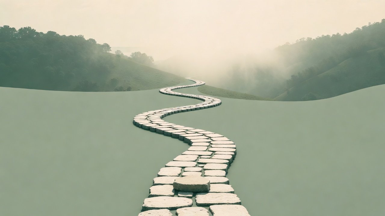 A calm winding stone path in soft morning light, symbolizing the practice of letting go of perfection