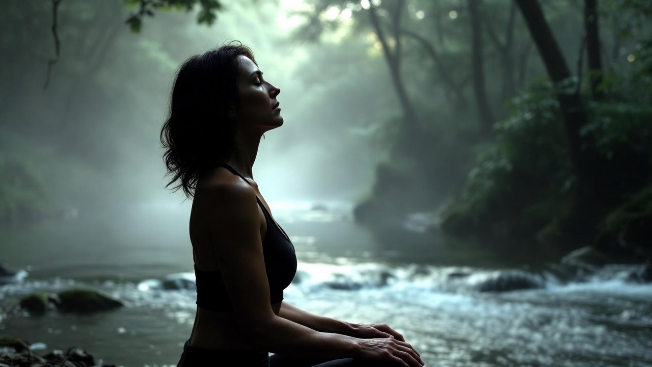 A person sitting calmly by a slow forest river to symbolize lower cortisol and a rested nervous system