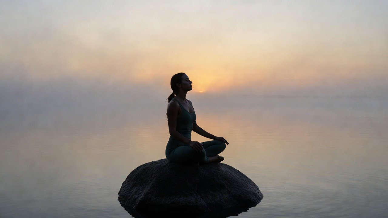 Person meditating cross-legged by a still lake at soft dawn