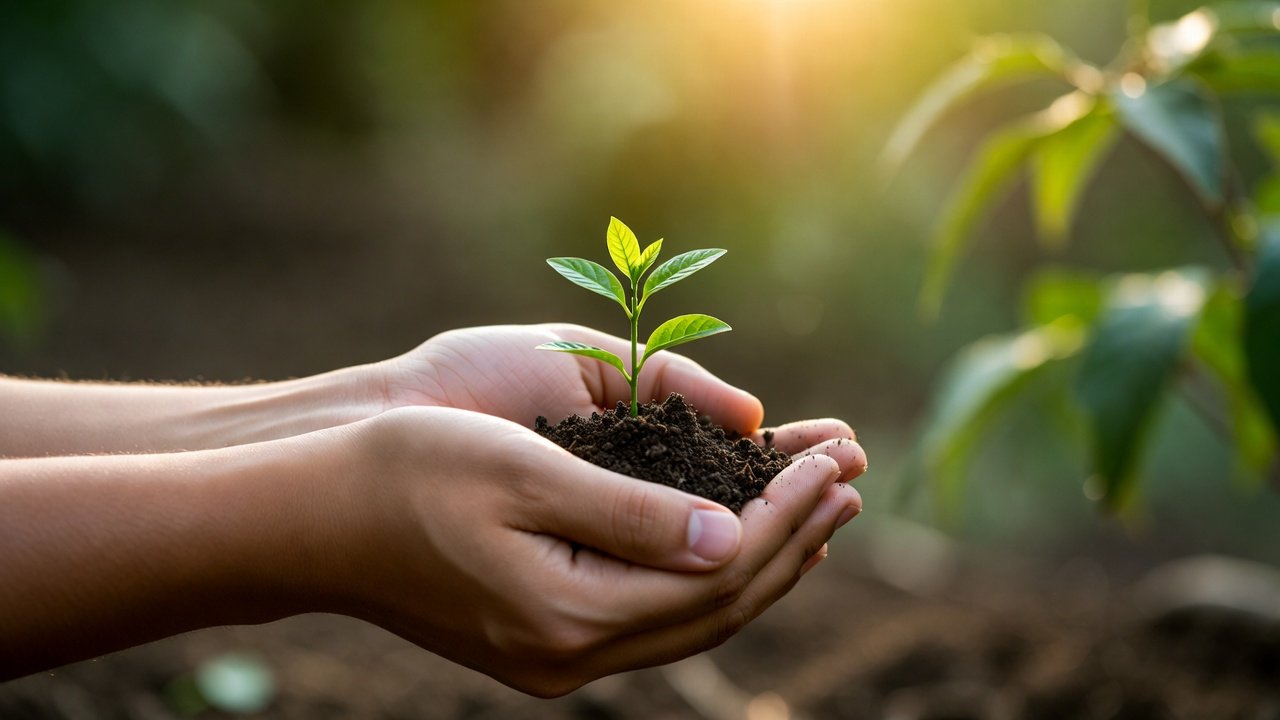 Hands gently cradling a small green seedling in a cupped palm, warm morning light, self-compassion and self-kindness editorial image