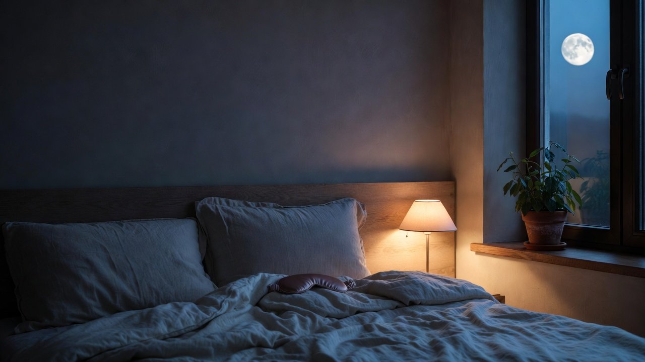 Serene moonlit bedroom at night with soft linen bedding and a small plant on a windowsill