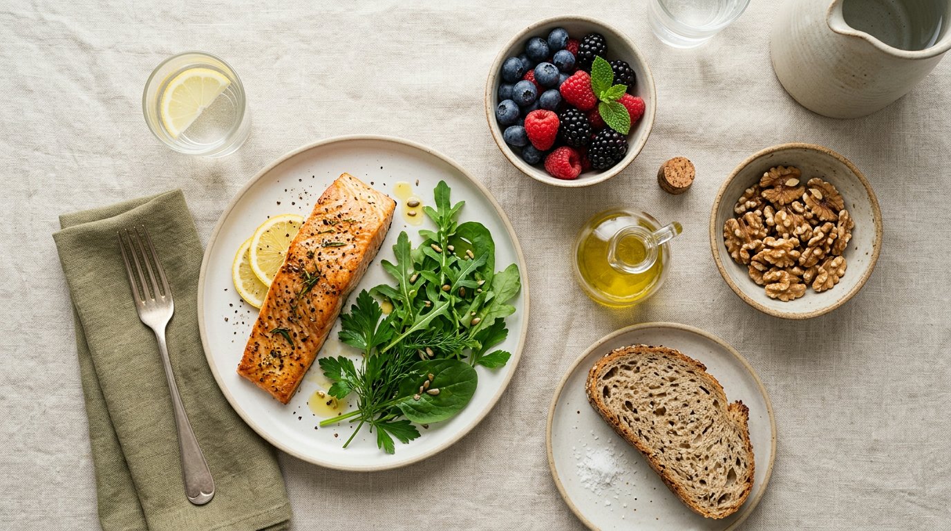 Wholesome Mediterranean meal flat lay with salmon, walnuts and leafy greens for better mental health